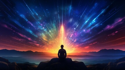 Vibrant Spiritual Awakening – Meditating Under a Cosmic Night Sky