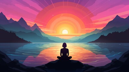 Sunset Meditation in the Mountains – Tranquil Silhouette by the Lake