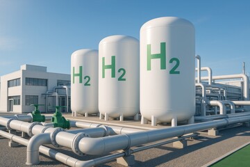 Modern green hydrogen power plant under clear sky, clean structures and pipelines emphasizing renewable energy promise