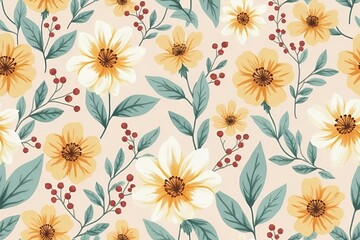 Seamless floral pattern featuring amber yellow flowers with cinnamon centers. 