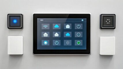 Modern smart home control panel interface with touch screen and wall-mounted buttons for home automation.