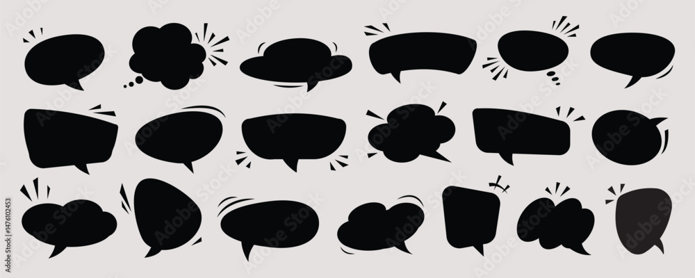 Poster set of blank empty speech bubbles black silhouette comic style various shapes isolated on light back