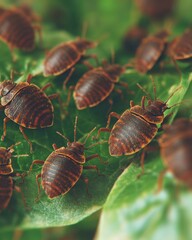 Group of Brown Marmorated Stink Bugs Crawling on Green Leaf Macro Close Up Pest Infestation in Garden