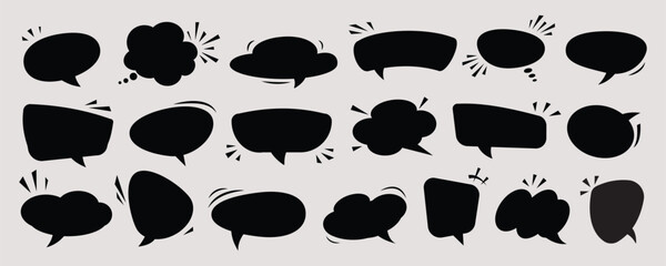 Set of blank empty speech bubbles black silhouette comic style various shapes isolated on light background creative design for dialogue conversation communication expressive playful mood