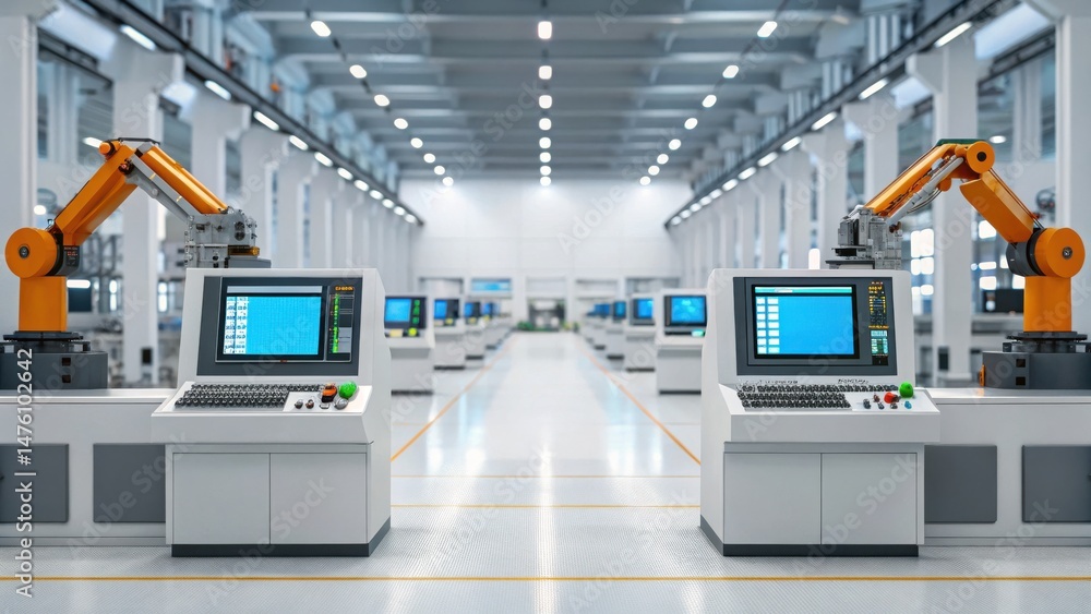 Poster modern automated factory with robotic arms and computer workstations in a clean, high-tech industria