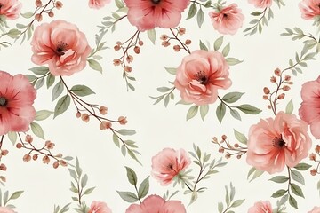 Romantic watercolor seamless floral pattern with soft rosewood red and dusty pink flowers. 