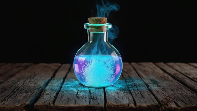 Magic potion bottle glowing and bubbling in darkness 