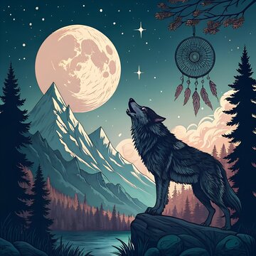 Mystical wolf. Magic poster, Tattu style, Vector, Tarro, moon, celestial art. Mountains, spruce, dream catcher, wolf.