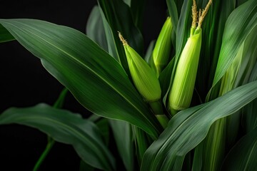 Fresh Corn on the Cob Growing in the Field Close Up Studio Shot of Green Leaves and Corn Cobs Agriculture Food