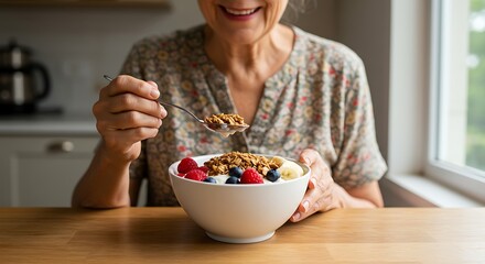 Woman Eats Cereal with Berries and Yogurt