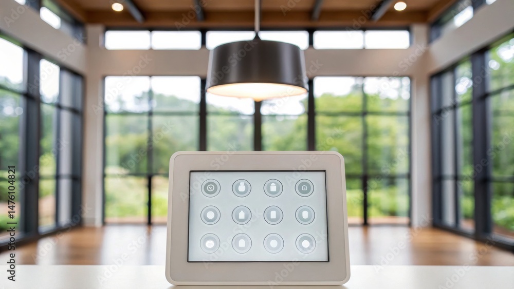 Poster a smart home control panel is displayed on a countertop in a modern, bright room with large windows 