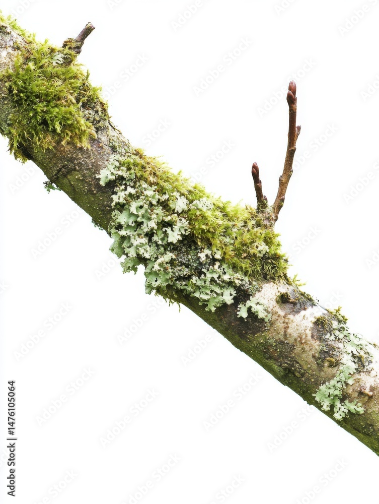Poster close up of tree branch covered in green moss and lichen against a white background angled view natu