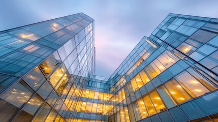 Modern glass buildings reflecting twilight, showcasing sleek architecture and urban design.