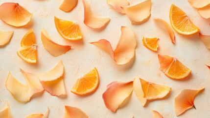 Orange slices and rose petals on a pastel background