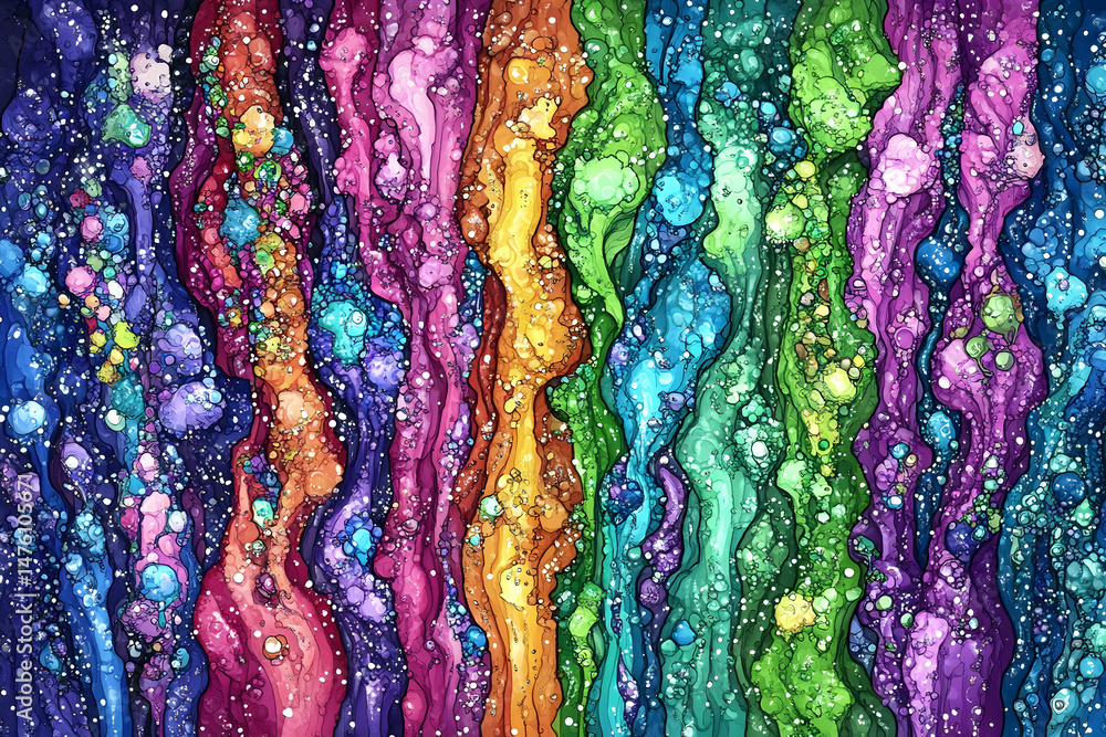 Poster vibrant abstract artwork featuring flowing, multicolored streams with embedded bubbles; a mesmerizin
