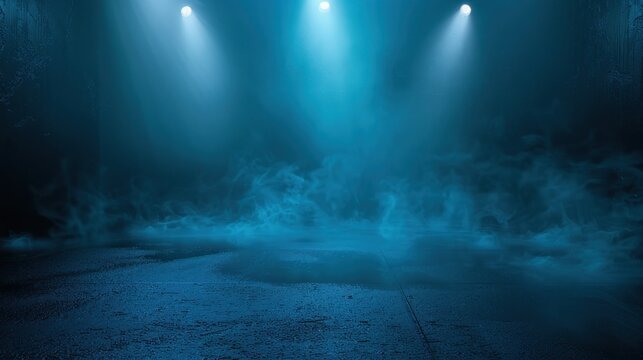 Dark blue empty asphalt street with spotlights background. Generated AI image