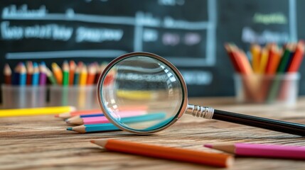 Magnifying Glass and Colored Pencils on Wooden Table