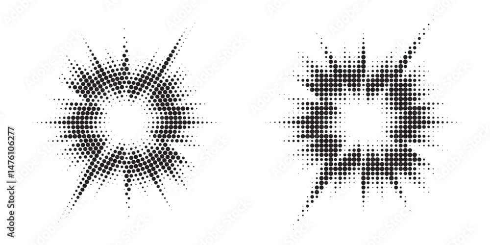 Poster Halftone circle frame background set. Round border Icon using halftone random circle. Grunge circular stain. Vector illustration.