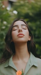 Naklejka premium Woman with closed eyes, flower in hand, serene amidst nature