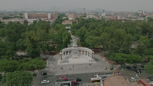 Diagonal aerial shot of gardens and walkways in Alameda Central