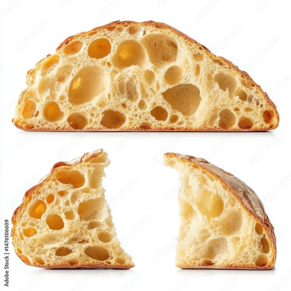 Aufkleber sliced ciabatta bread displayed against white backdrop close up shot showing crust and crumb texture