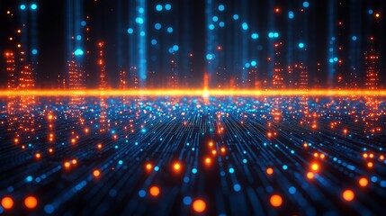 Fototapeta premium Digital Matrix: A futuristic digital landscape, interwoven with data streams and glowing nodes, symbolizes the intricate connections and complex networks of the modern technological world.