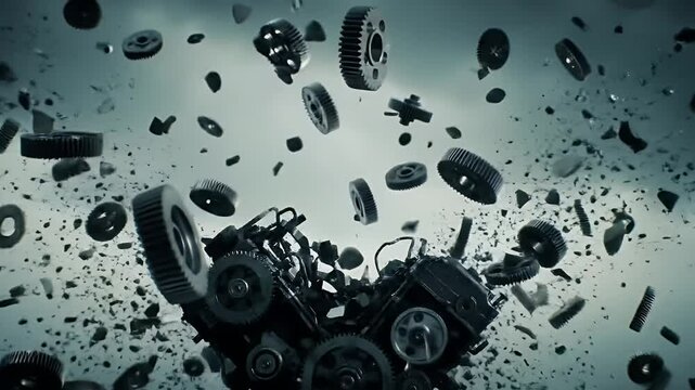 Exploded View of Gray Automotive Engine Parts Against a Cloudy Sky Background