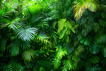 Lush green tropical foliage background, vibrant jungle leaves texture, perfect for design.