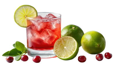 Tropical refreshment: A vibrant image showcases a refreshing red beverage in a clear glass, garnished with a lime slice, and accompanied by fresh limes and cranberries.