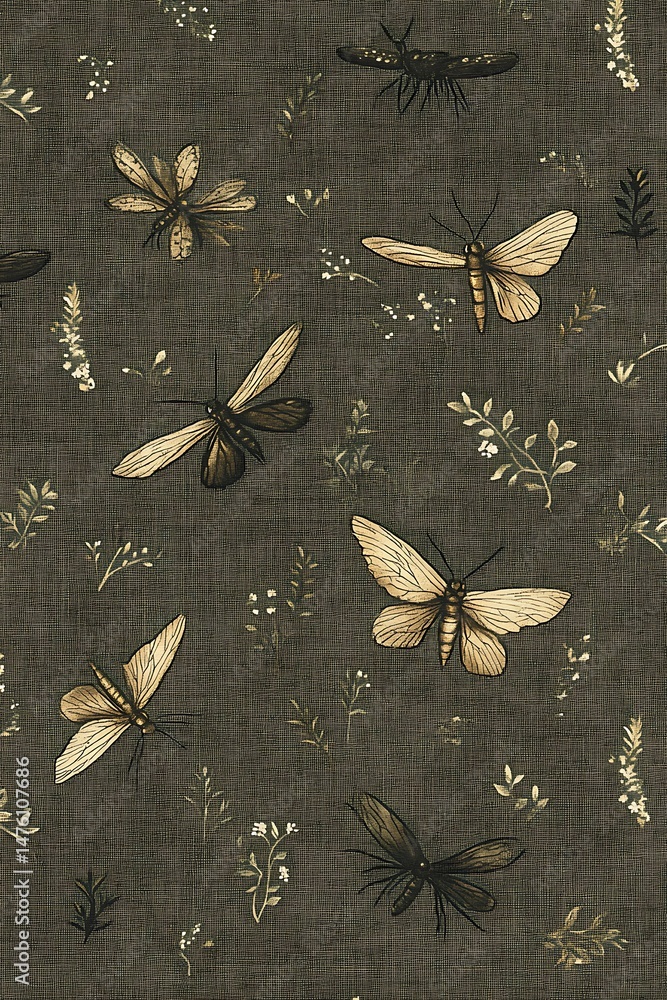 Poster vintage insect and botanical pattern on textured fabric background design