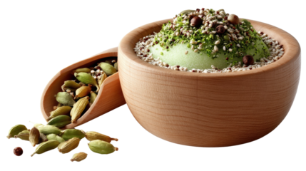 Flavorful Dessert: A visually enticing photograph of a green-hued dessert beautifully presented in a wooden bowl, surrounded by aromatic green pods, inviting an experience of culinary excellence.