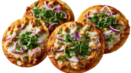 Mini Pizza Delight: Four freshly baked mini pizzas, each a culinary masterpiece with toppings that tantalize the taste buds, arranged enticingly. A symphony of flavors, textures.