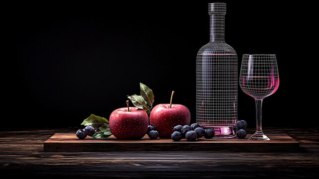 Still life of apples, grapes, and wine bottle with wireframe overlay