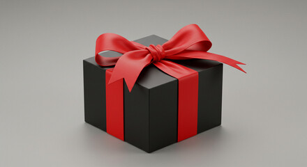 Fototapeta premium Elegant Black Box with Red Ribbon on Gray Background