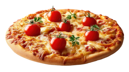 Gourmet Pizza Delight: A mouthwatering close-up of a freshly baked pizza, artfully adorned with vibrant cherry tomatoes and aromatic basil leaves, inviting taste buds to indulge. 