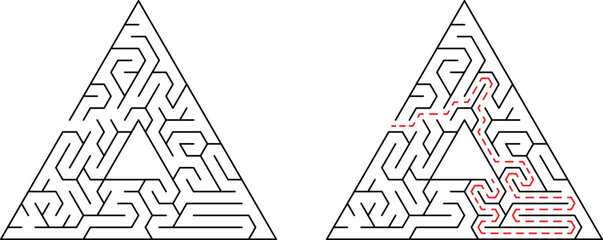 Triangle maze with solution path indicating problem solving and decision making process
