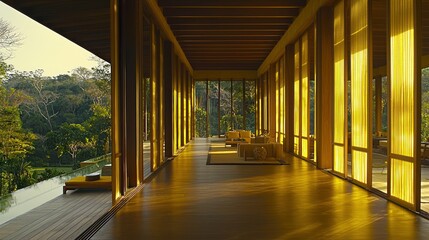 Fototapeta premium Golden light illuminates a modern, wooden interior hall.