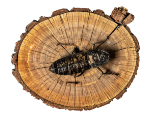 Black Insect on Wood Cross Section, Macro Photography