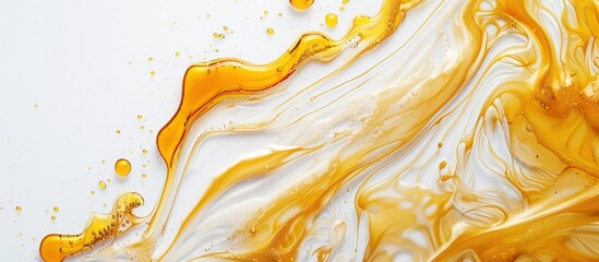 Macro view detailed liquid golden honey syrup on white background. Generated AI image