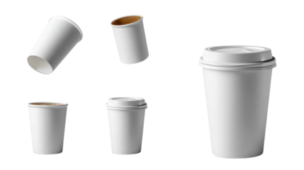 Coffee cups: Floating and arrayed, simple aesthetic coffee cups. Showing the beauty of simplicity and the versatility of the paper container