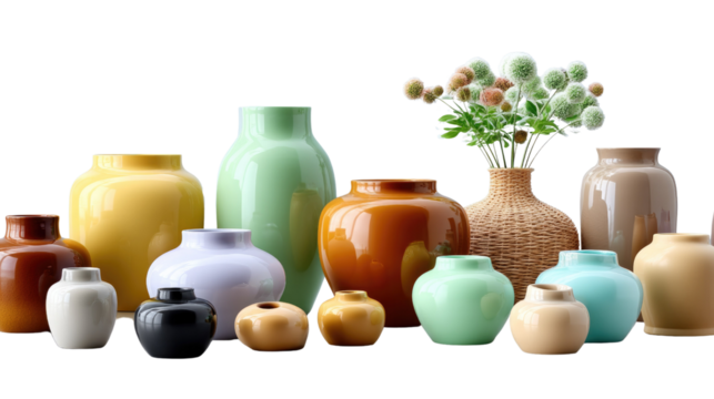Artisan Vases: A collection of handcrafted ceramic vases, showcasing an array of shapes and colors, each exuding artistic flair and adding a touch of elegance to any interior space.