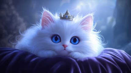 Fototapeta premium Adorable Fluffy Kitten with Crown Sitting on Pillow - National Kitten Day Celebration Concept