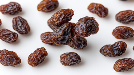 Obraz premium Close-Up View of Scattered Dark Brown Raisins on a Pristine White Background