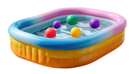 Inflatable Pool's Playful Charm: A vibrant inflatable pool, a haven of refreshment for children, is filled with floating colorful balls, inviting playful experiences.