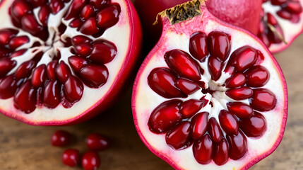 Pomegranate halves showcasing juicy red seeds and white membranes