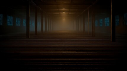Dark Foggy Industrial Warehouse Interior  Long Corridor  Empty Space  Vintage Building