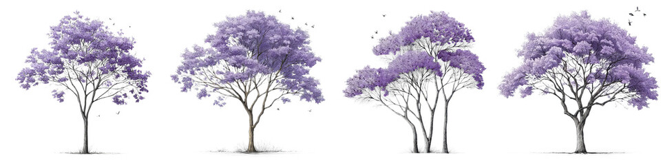 Obraz premium Four Stunning Jacaranda Trees with Vibrant Purple Flowers - Perfect for Nature-Inspired Designs, Illustrations, and Backgrounds