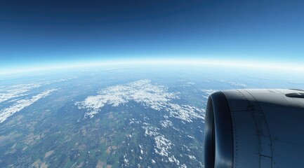 Panoramic view of Earth from airplane window, showing clouds, land, and a jet engine
