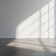 Sunlit empty room with white walls and grey floor.  Sunlight streams through a window, casting shadows