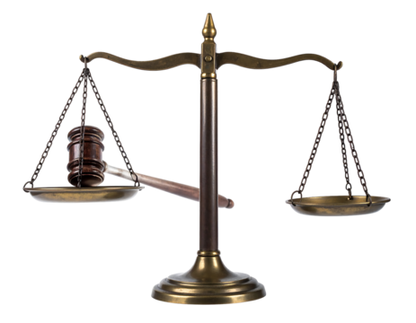 Brass Scales of Justice and Gavel on Transparent Background